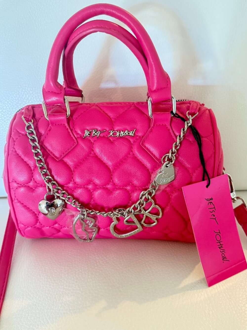 NWT Betsey Johnson xojean W/ Chain Satchel Crossbody Quilted Hearts Hot Pink
